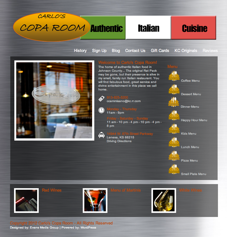 Evans Media Group WordPress Themes Website Design for Carlo's Copa Room of Lenexa, KS